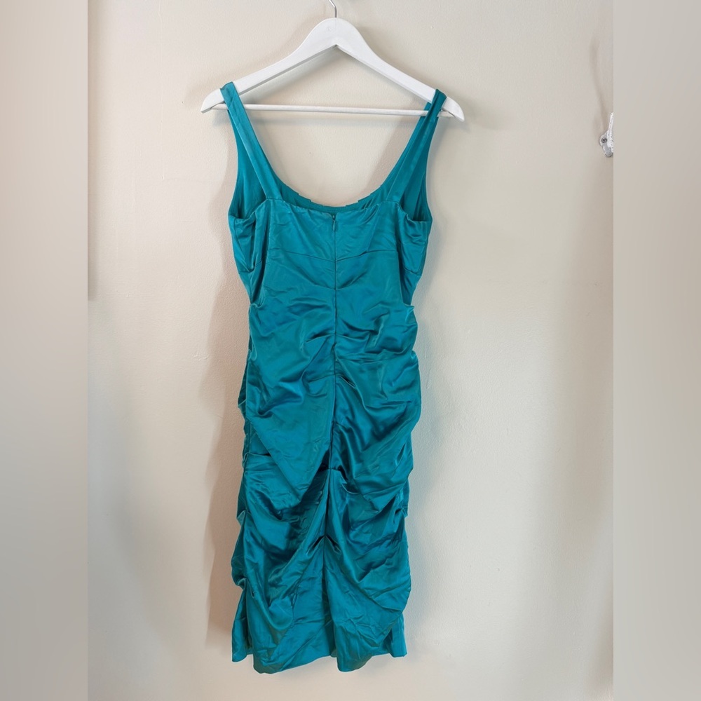 Cache Vintage Torquoise Aqua Ruched Bodycon Cocktail Dress Sz 4 EUC 90’s